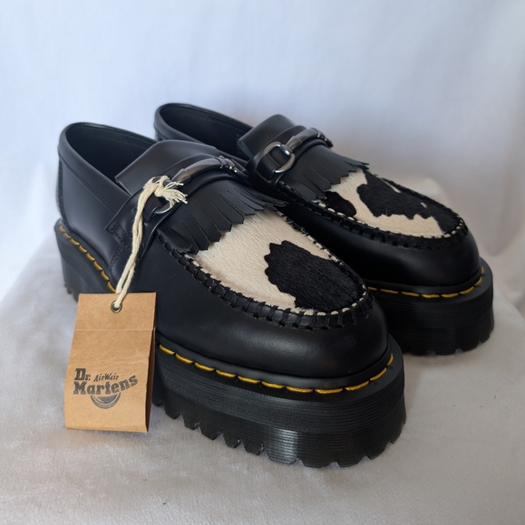 Dr. Martens Adrian Snaffle Quad Black/White Cow Print Horsebit Leather Loafers - Picture 4 of 14